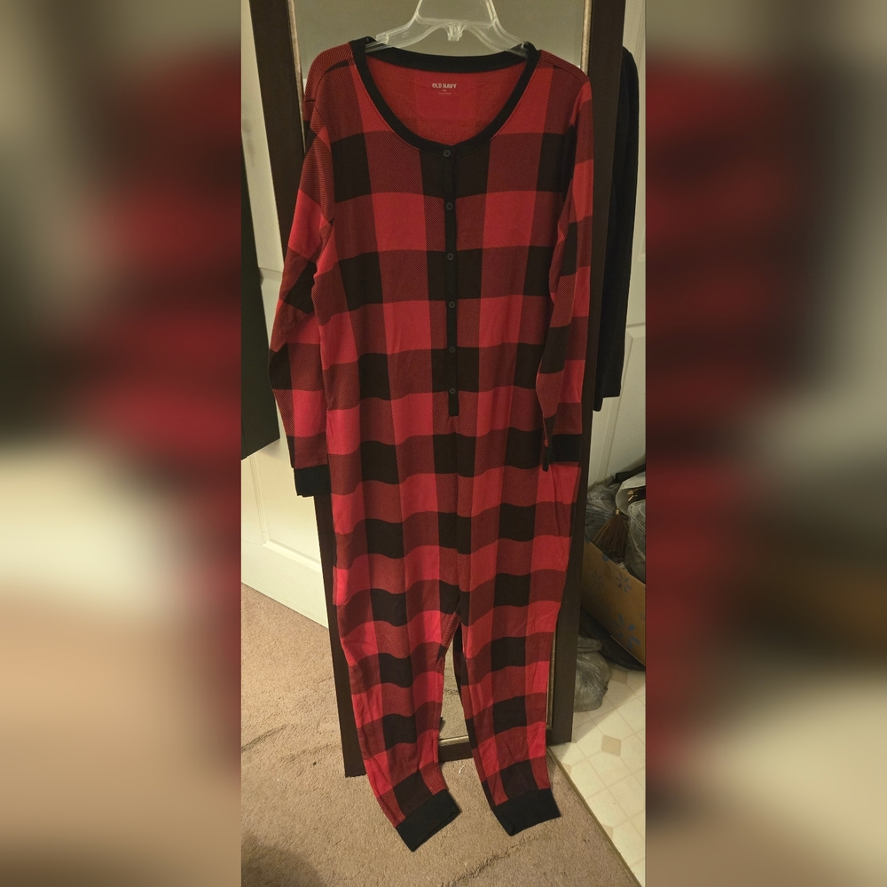 Old Navy Red and Black Buffalo Plaid. Adult Xmas Onsie. XXL.  NWOT